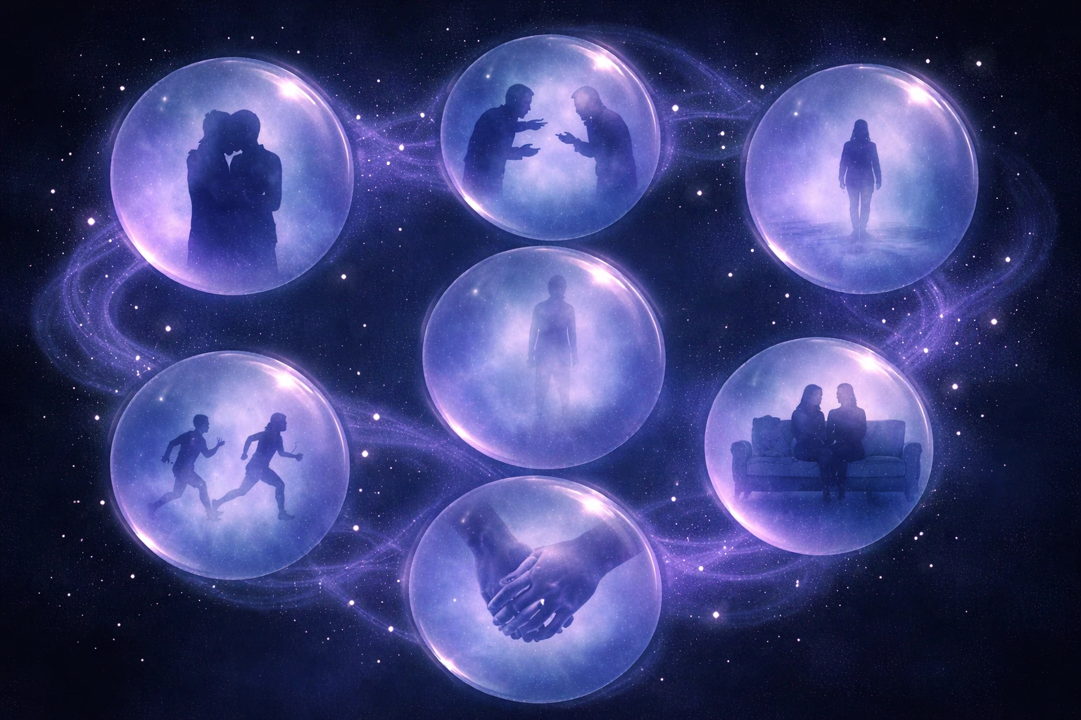 Illustration onirique de bulles translucides contenant différentes scènes de rêve, flottant au-dessus d'une personne endormie