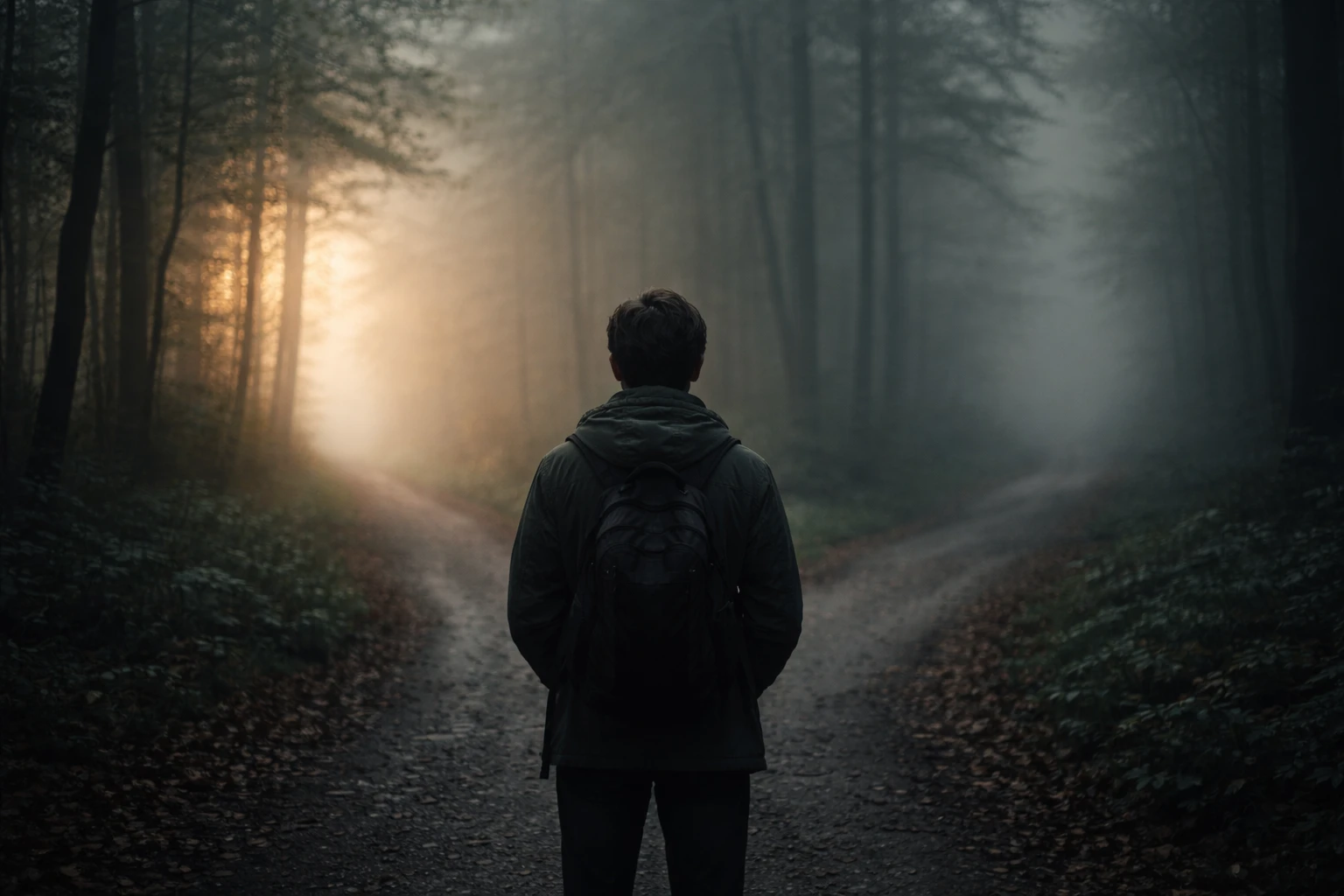 Une personne à un carrefour brumeux en forêt, hésitant entre deux chemins — représentant le moment de remise en question honnête pendant le silence radio