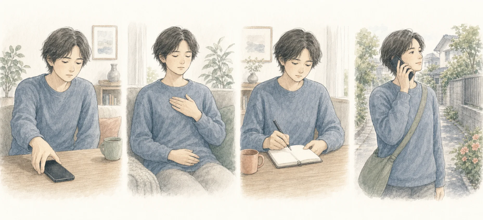 スマートフォンを伏せ、呼吸を整え、感情を書き、友人に連絡して歩くまでの4場面を描いたイラスト